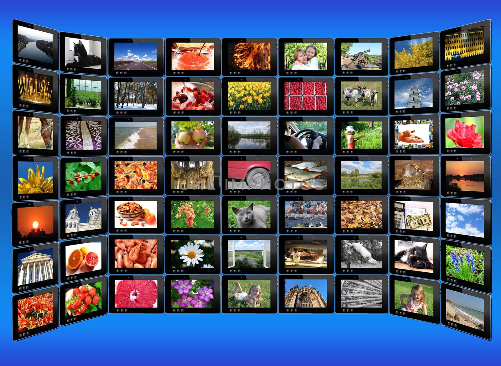 many tablets with motley pictures on the blue background