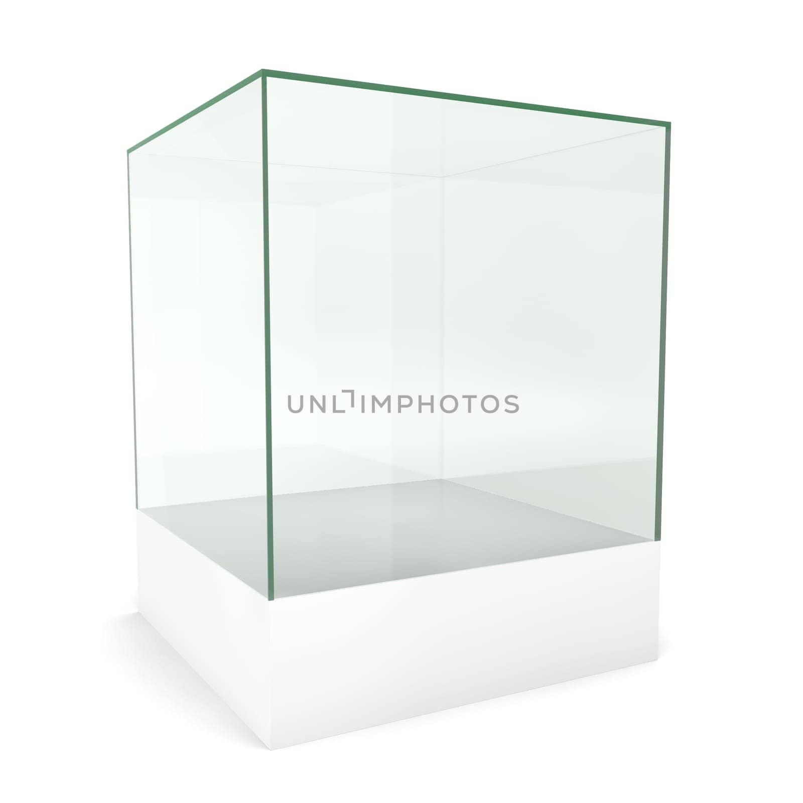 Glass cube on pedestal. 3d illustration on white background