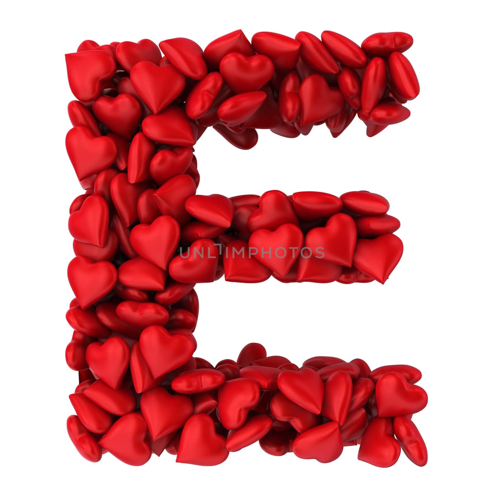 E letter made of little hearts. 3d illustration on white background