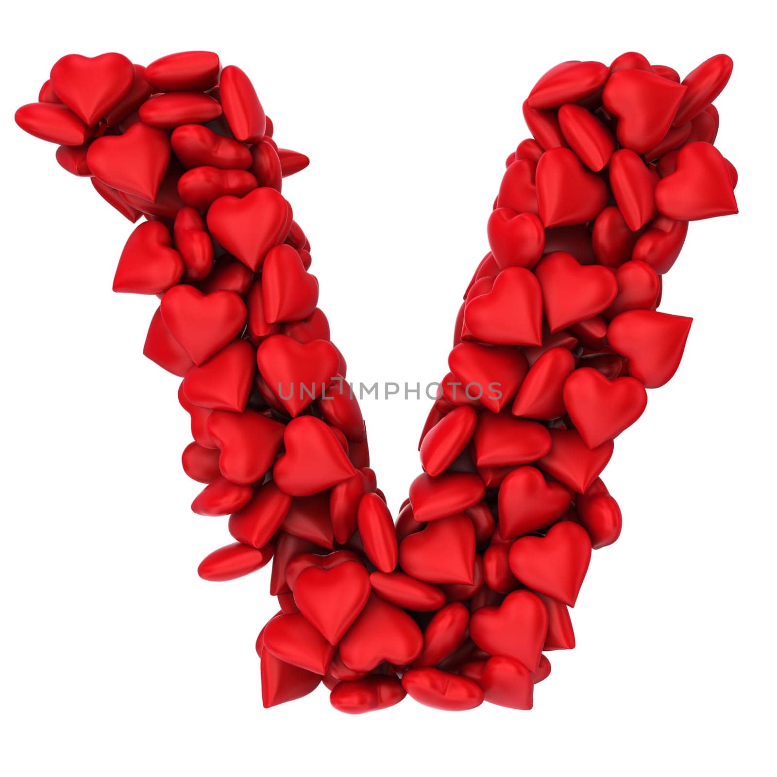 V letter made of little hearts. 3d illustration on white background