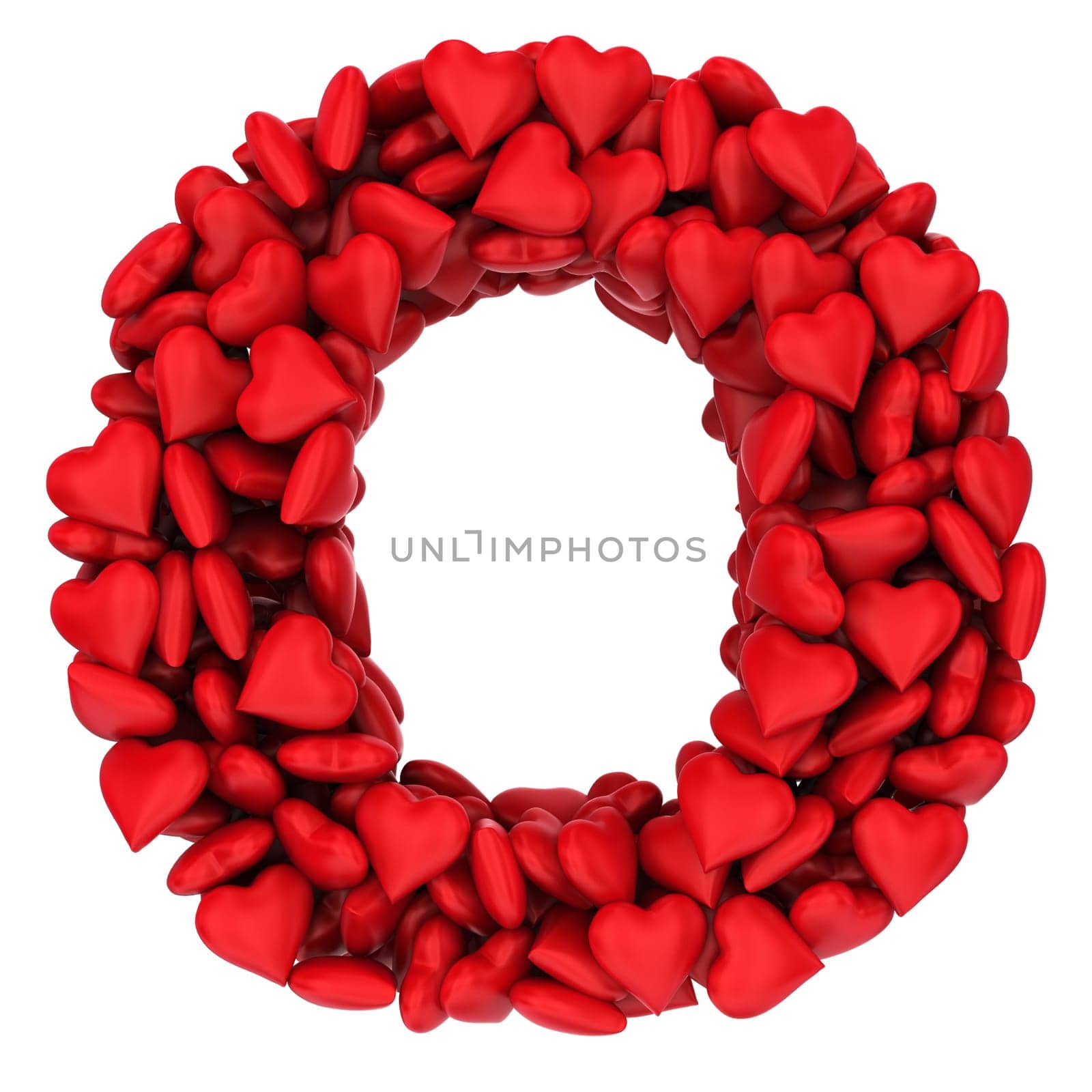 O letter made of little hearts. 3d illustration on white background