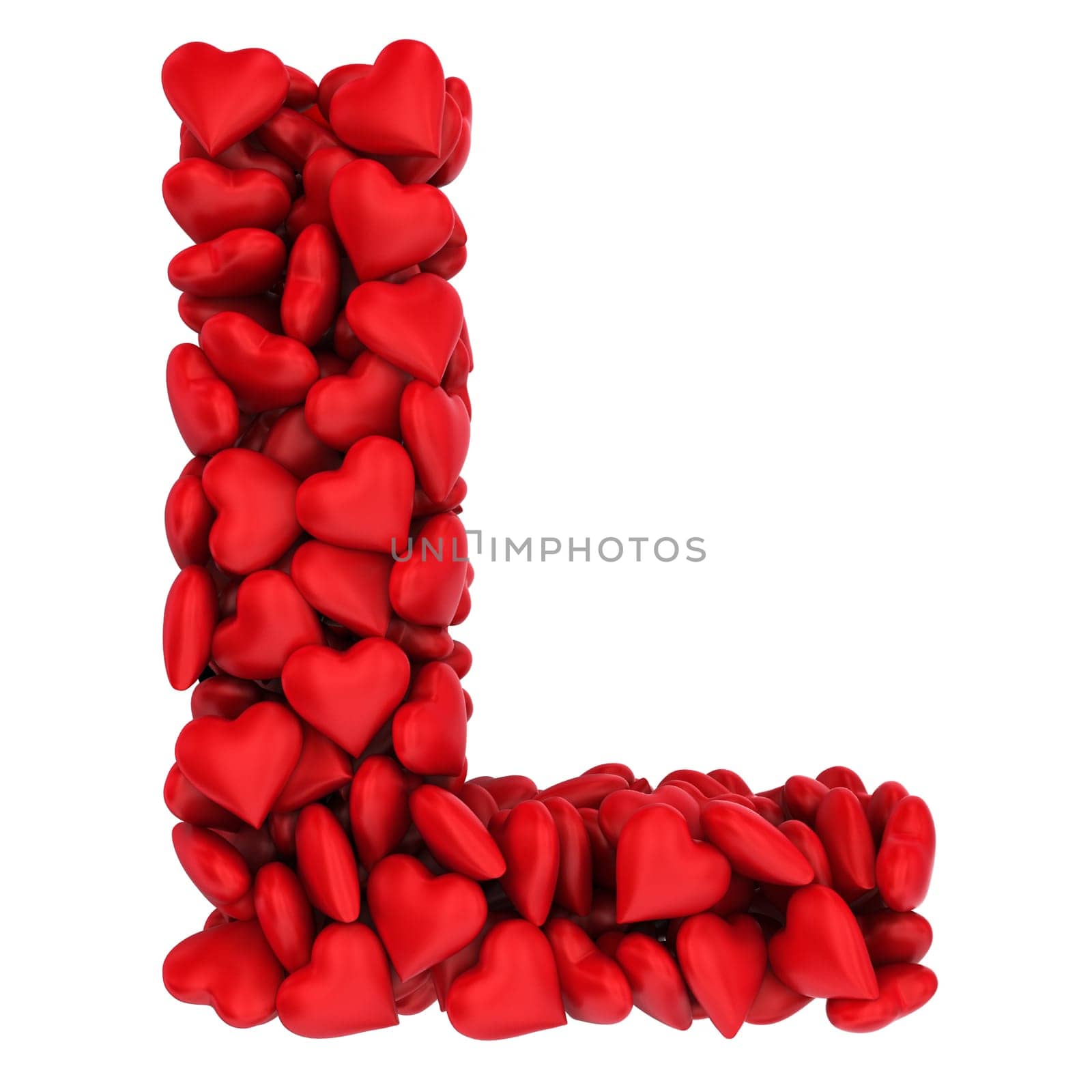 L letter made of little hearts. 3d illustration on white background
