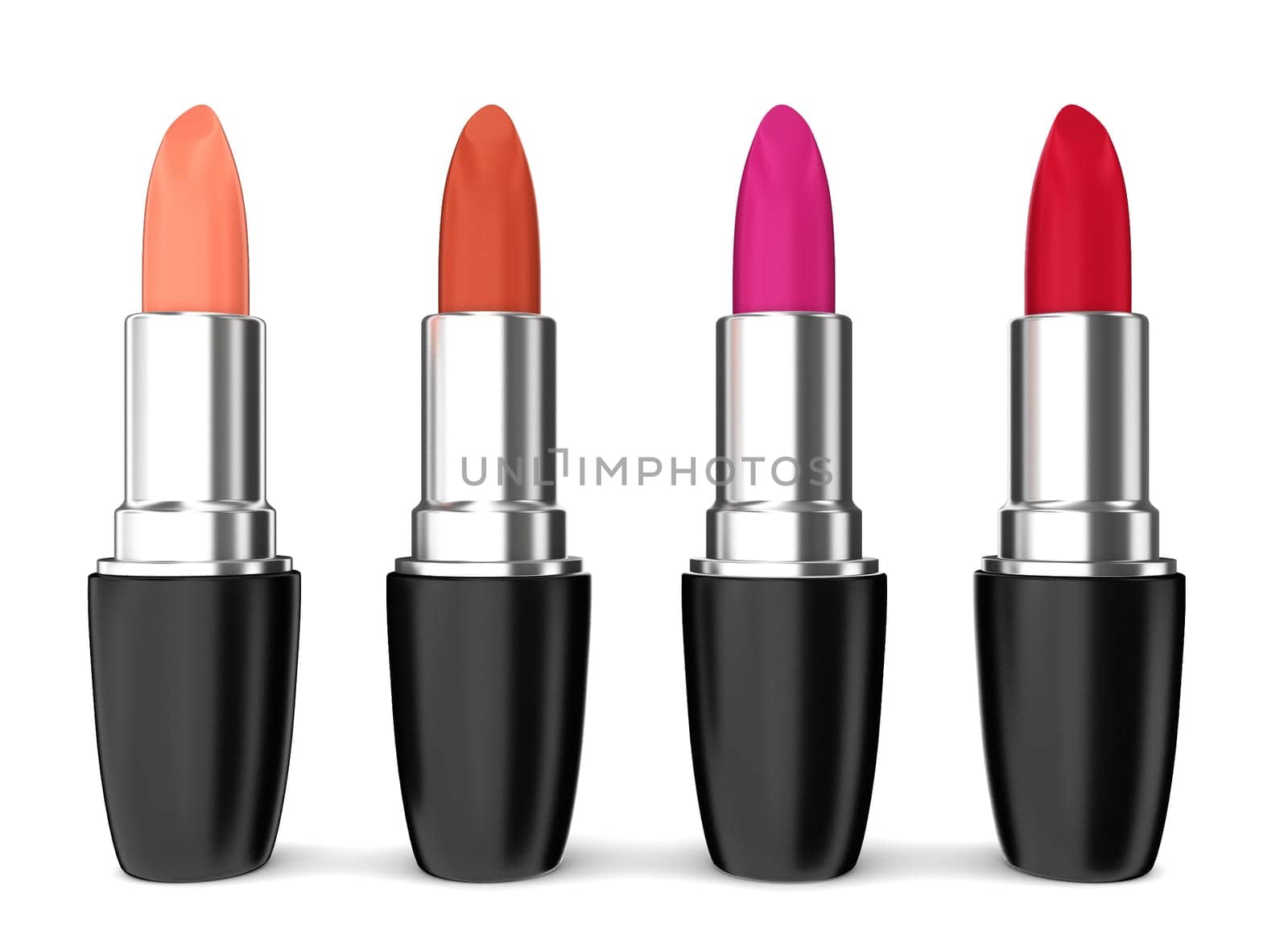 Set of lipsticks. Four different colours. 3d illustration on white background