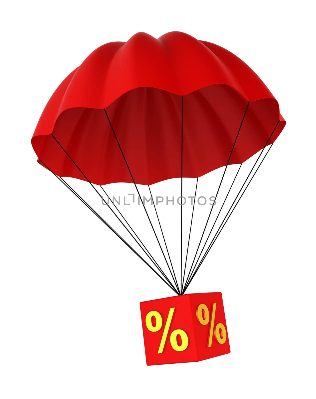 Parachute with a discount sign. 3d illustration on white background