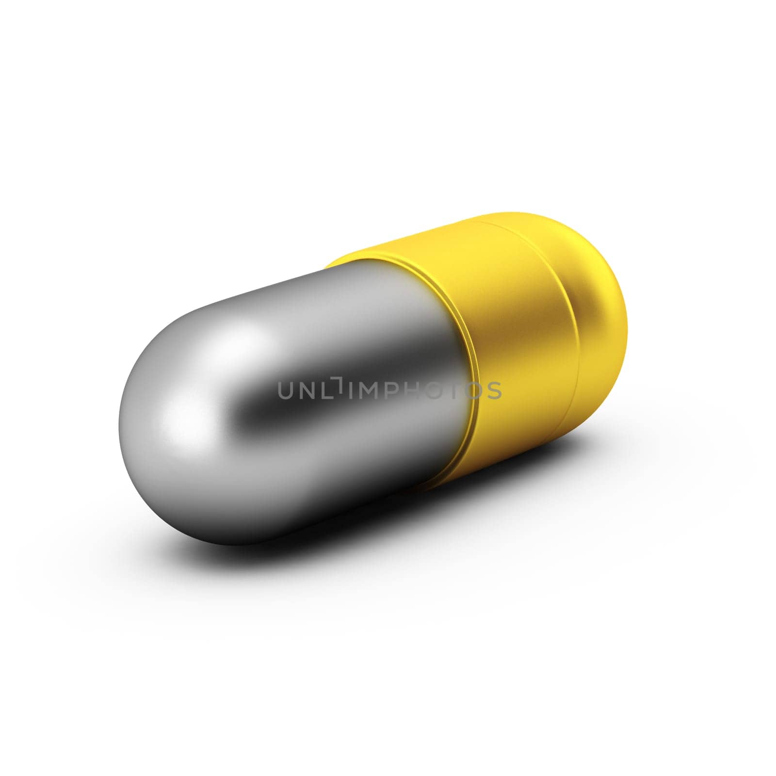 3d render of gold and silver pill on white background