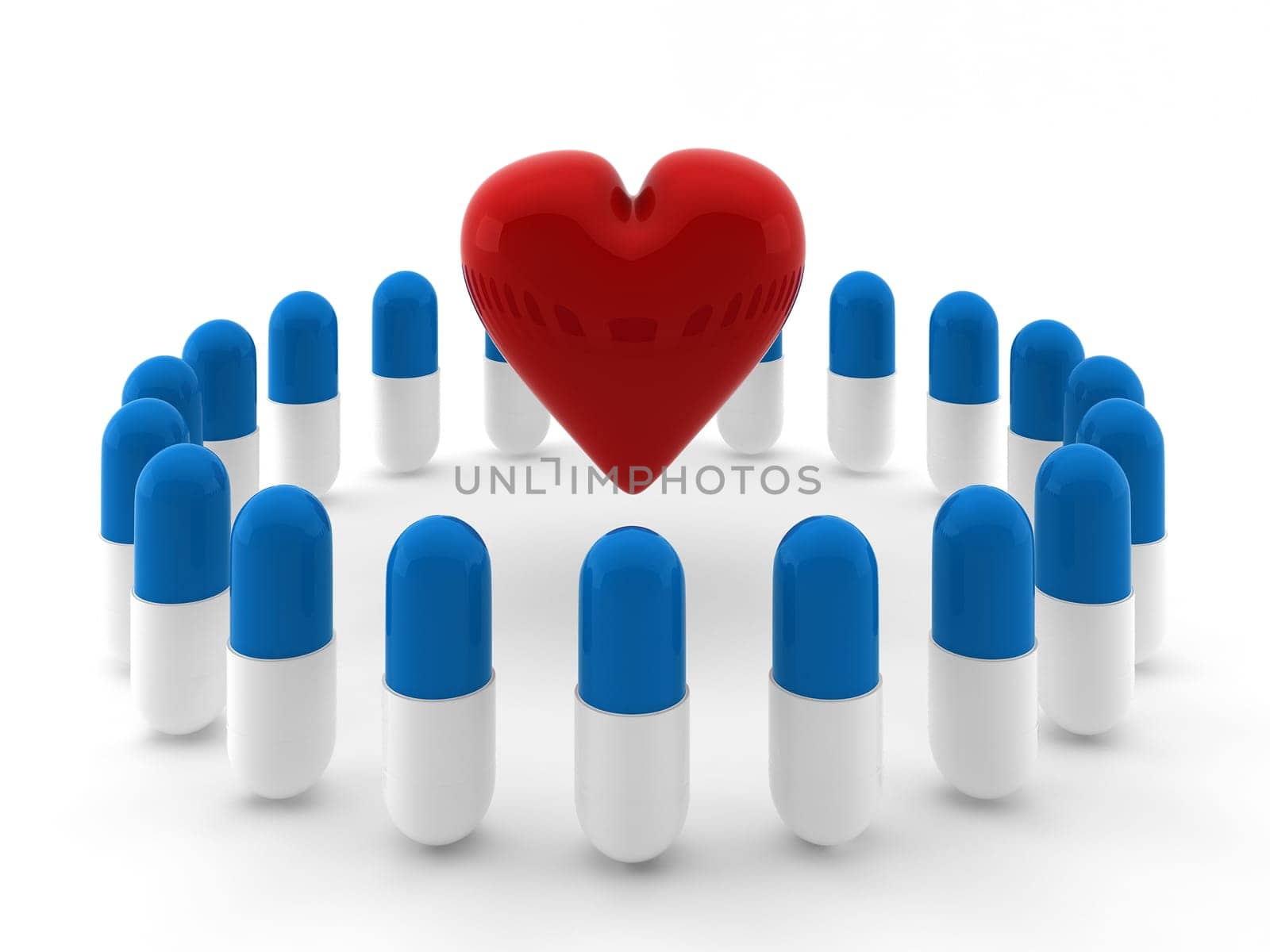 3d render of red heart inside circle of pills
