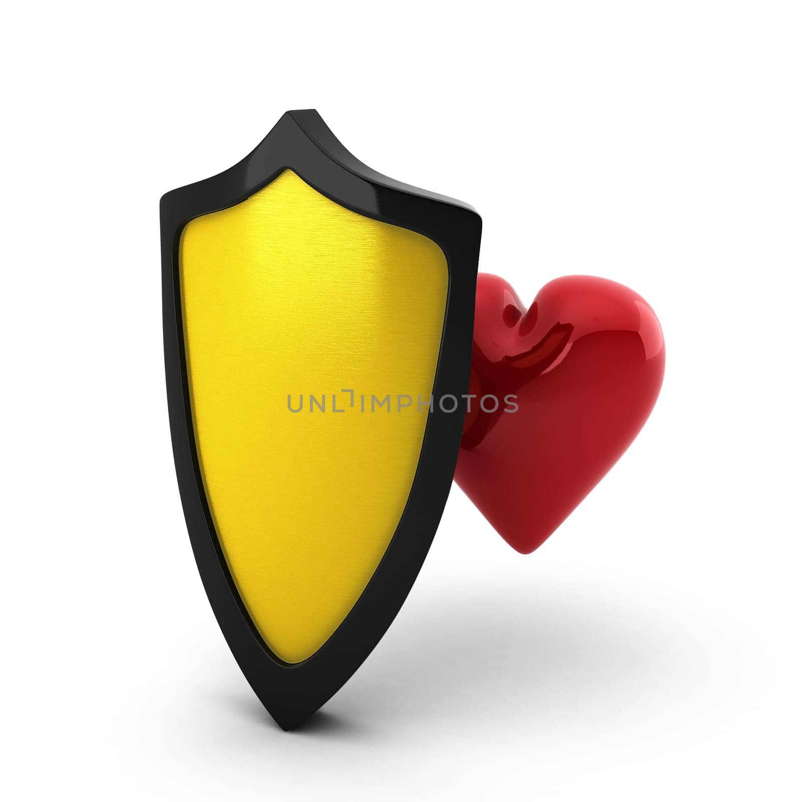 3d render of golden shield and red heart behind