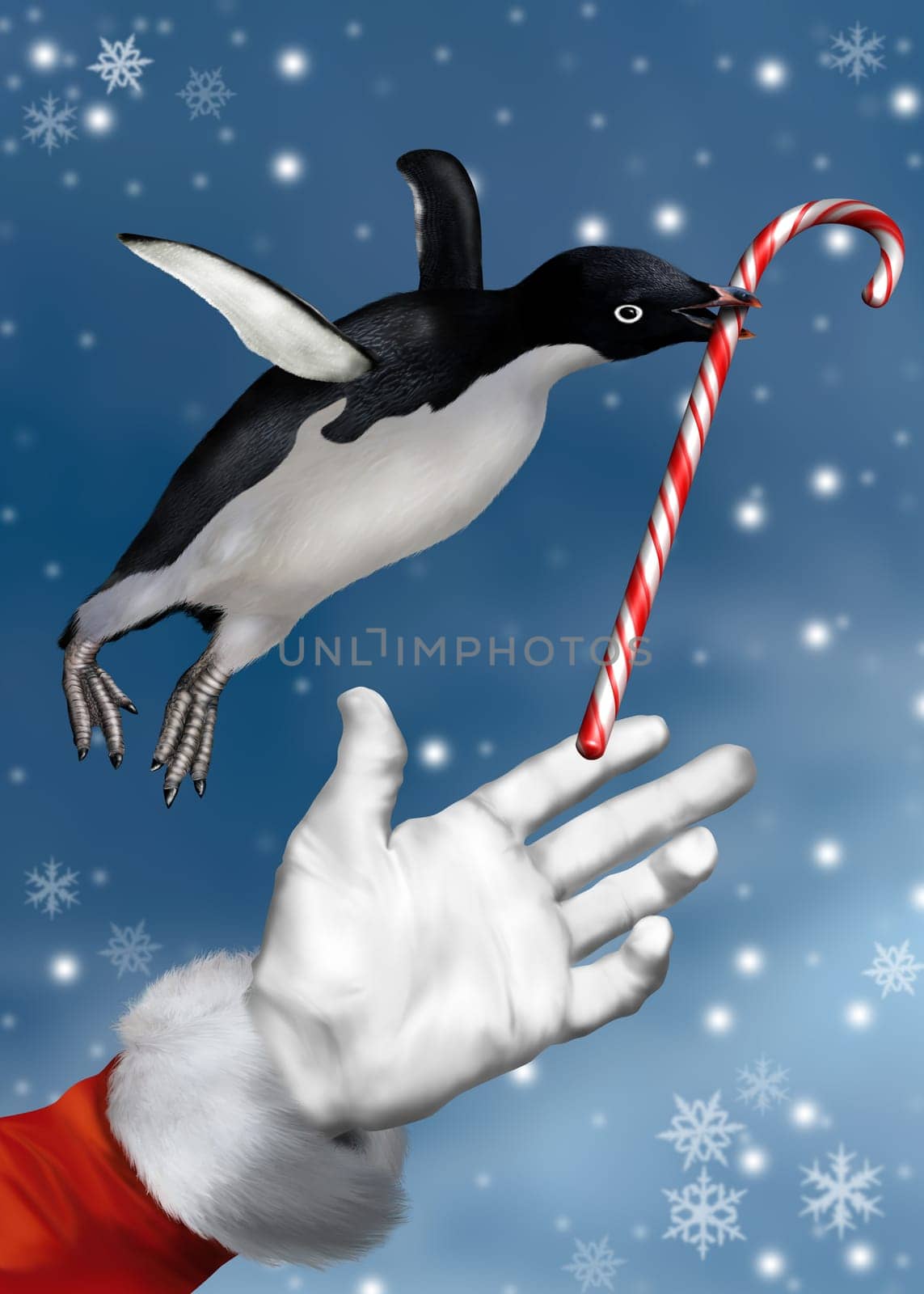 Cheeky penguin stealing a candy cane from Santa