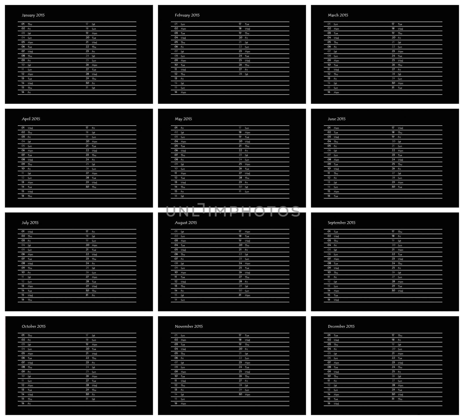 Black European 2015 year calendar with week starting from monday