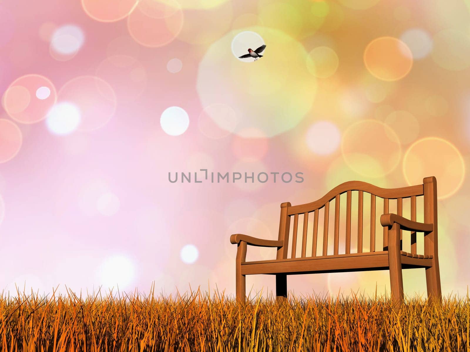 Simple wooden bench and flying bird in autumnal colorful background - 3D render