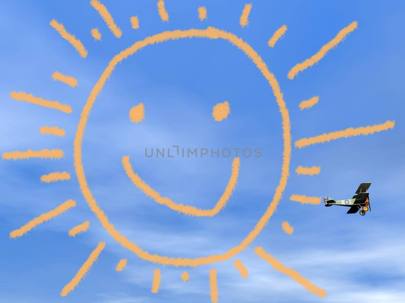 Big yellow smiling sun from biplan smoke in blue sky - 3D render
