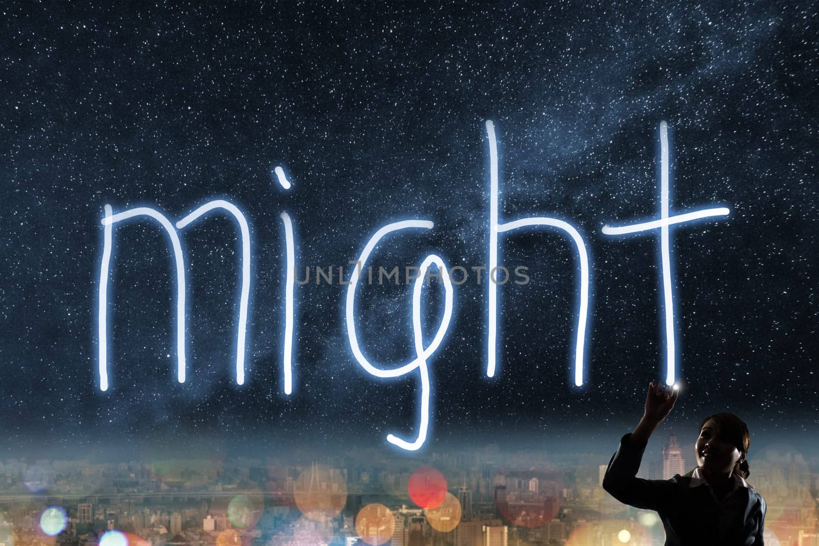 Concept of might, silhouette asian business woman light drawing.