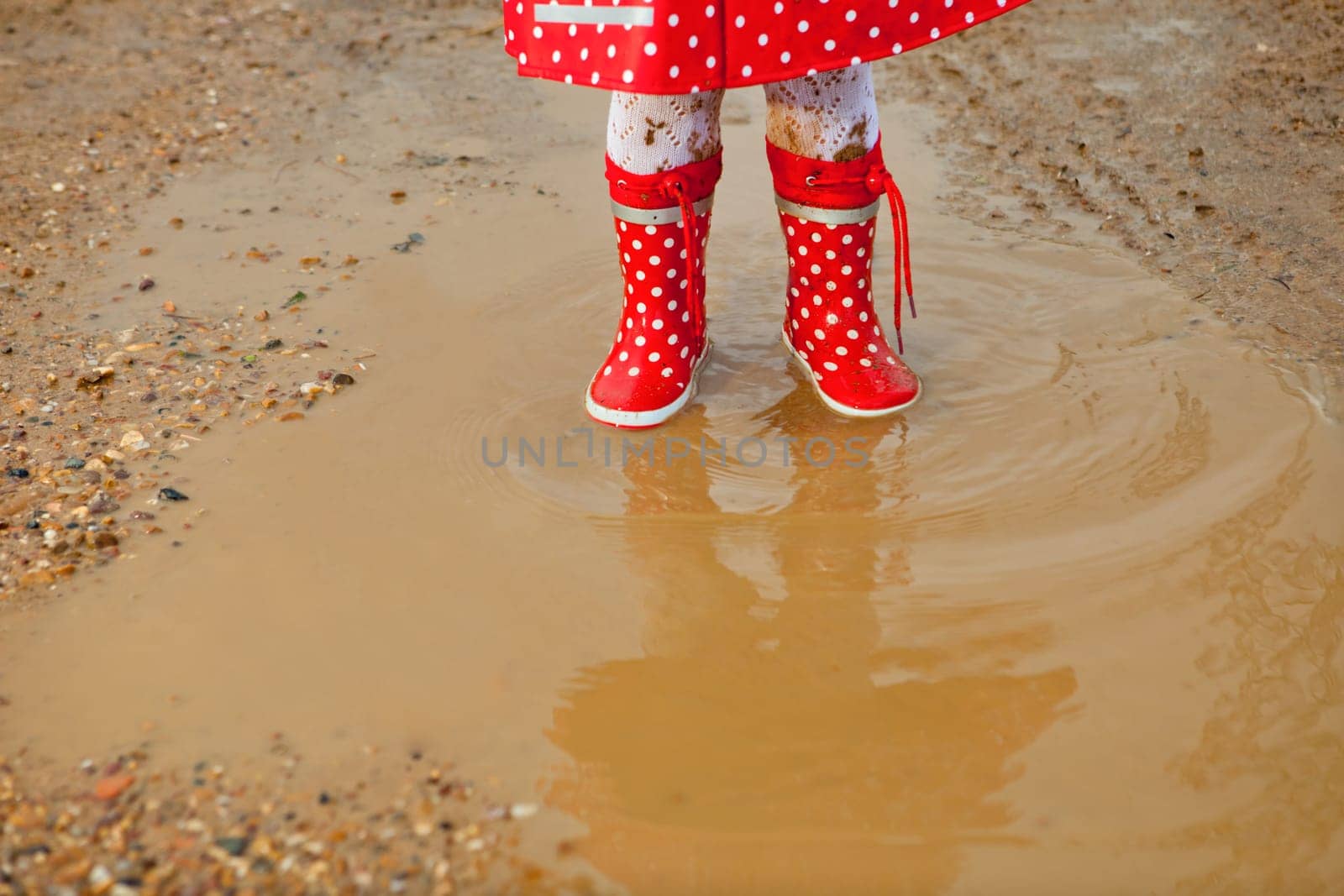 Detail of rainboots of a baby girl dressed with dotted raincoat in the puddles