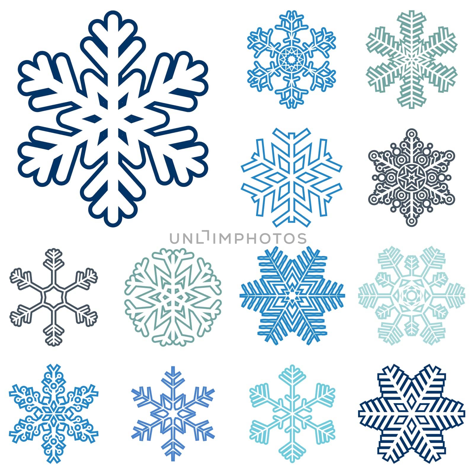 collection of different blue snowflakes on white background