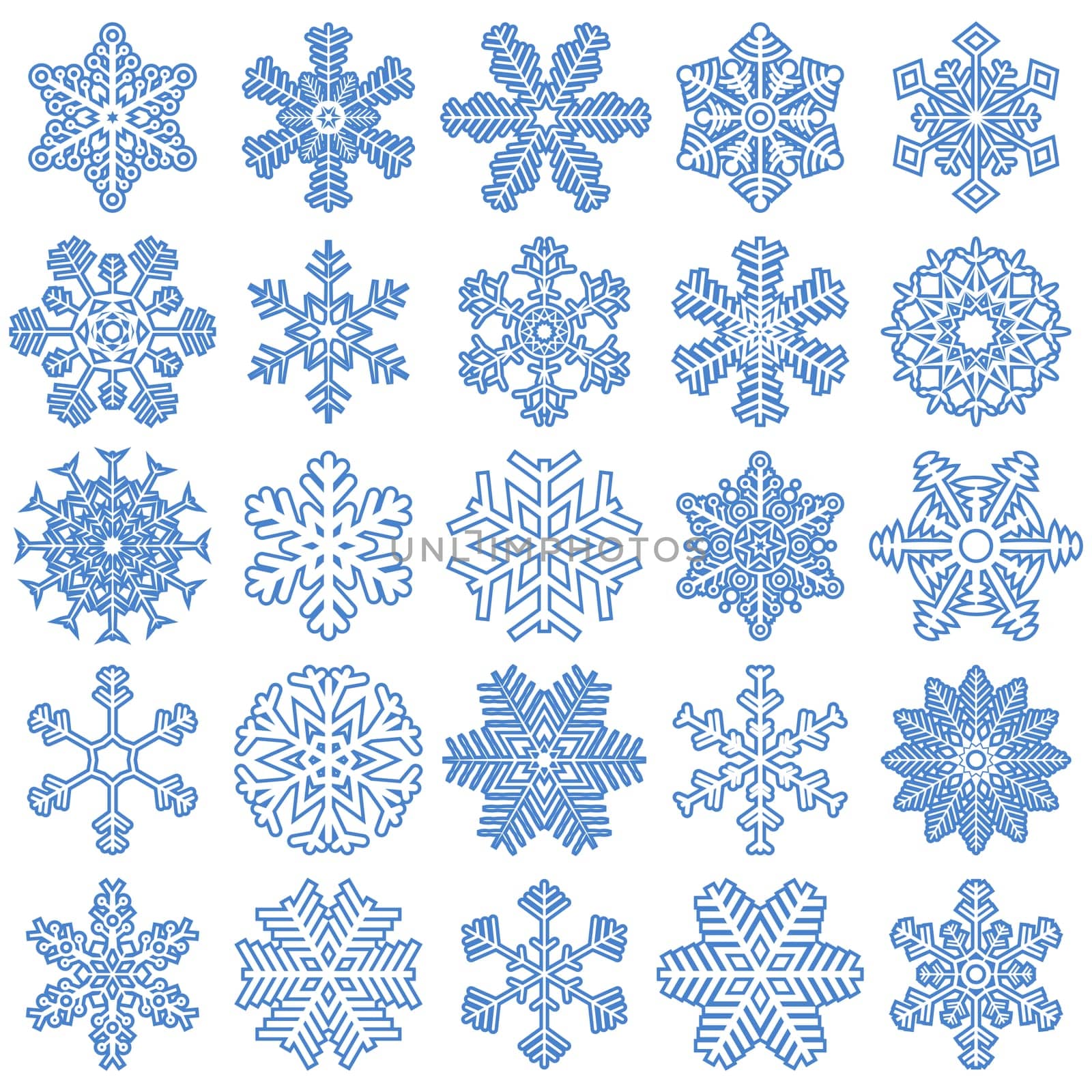 collection of different blue snowflakes on white background