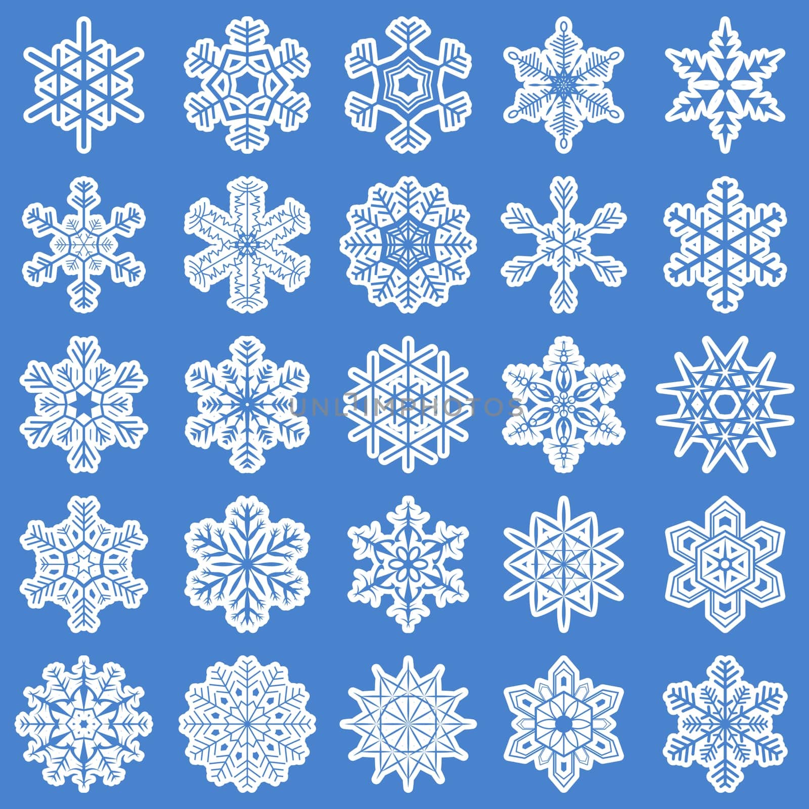 collection of different white snowflakes on blue background