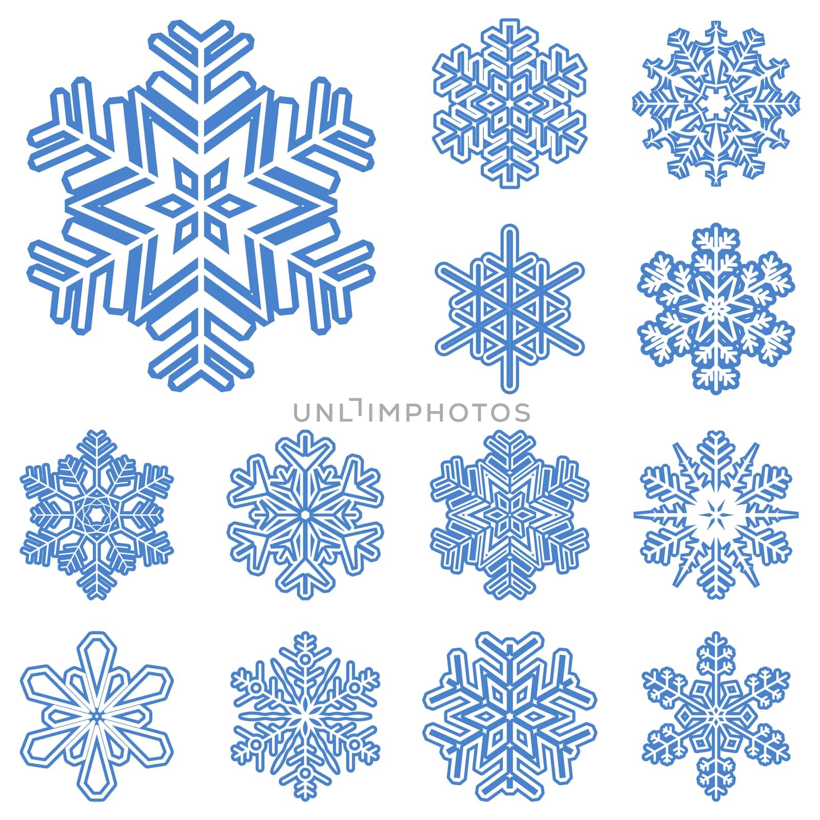 collection of different blue snowflakes on white background
