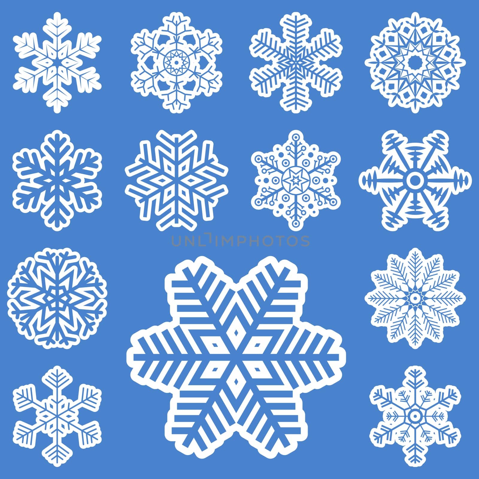 collection of different white snowflakes on blue background