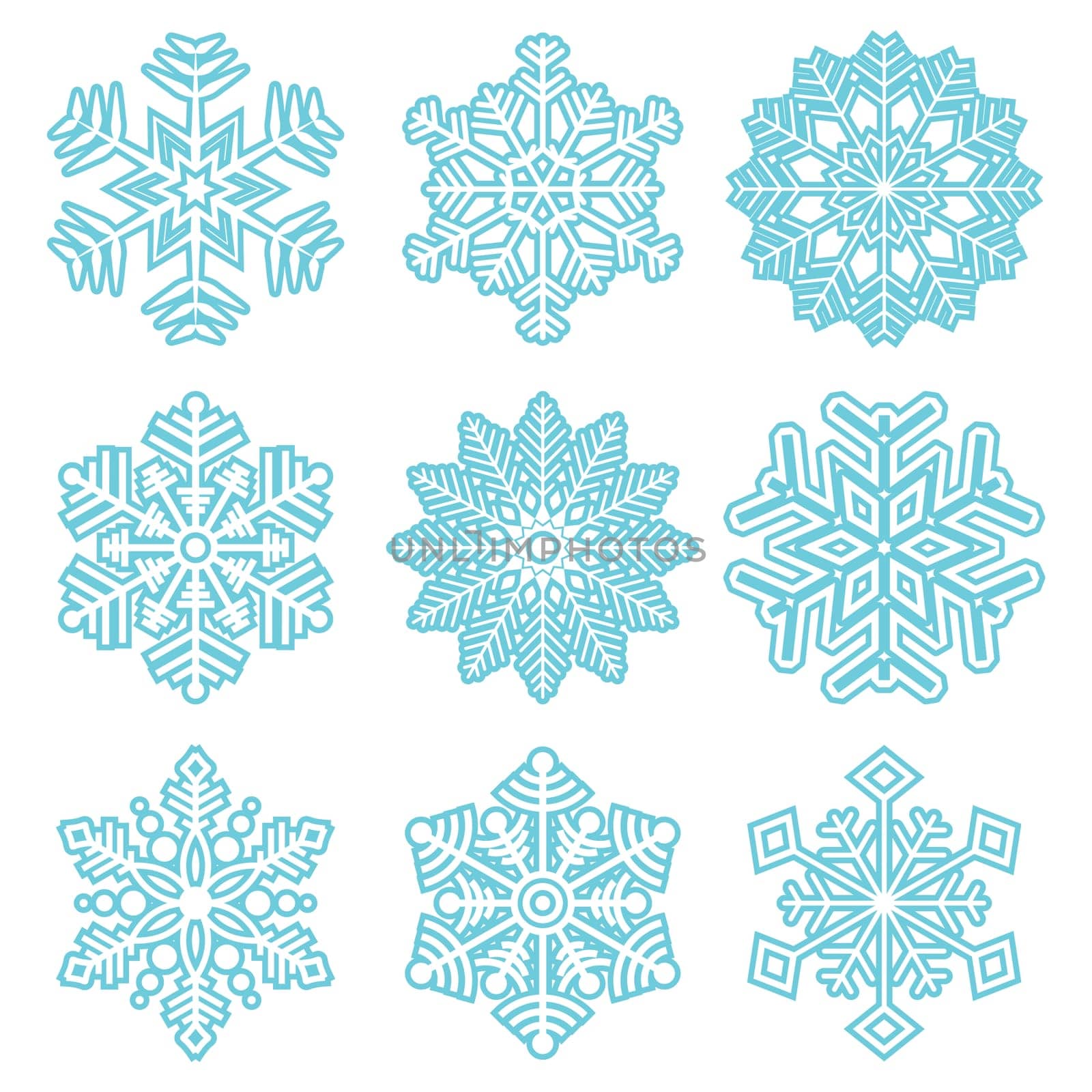 collection of different blue snowflakes on white background