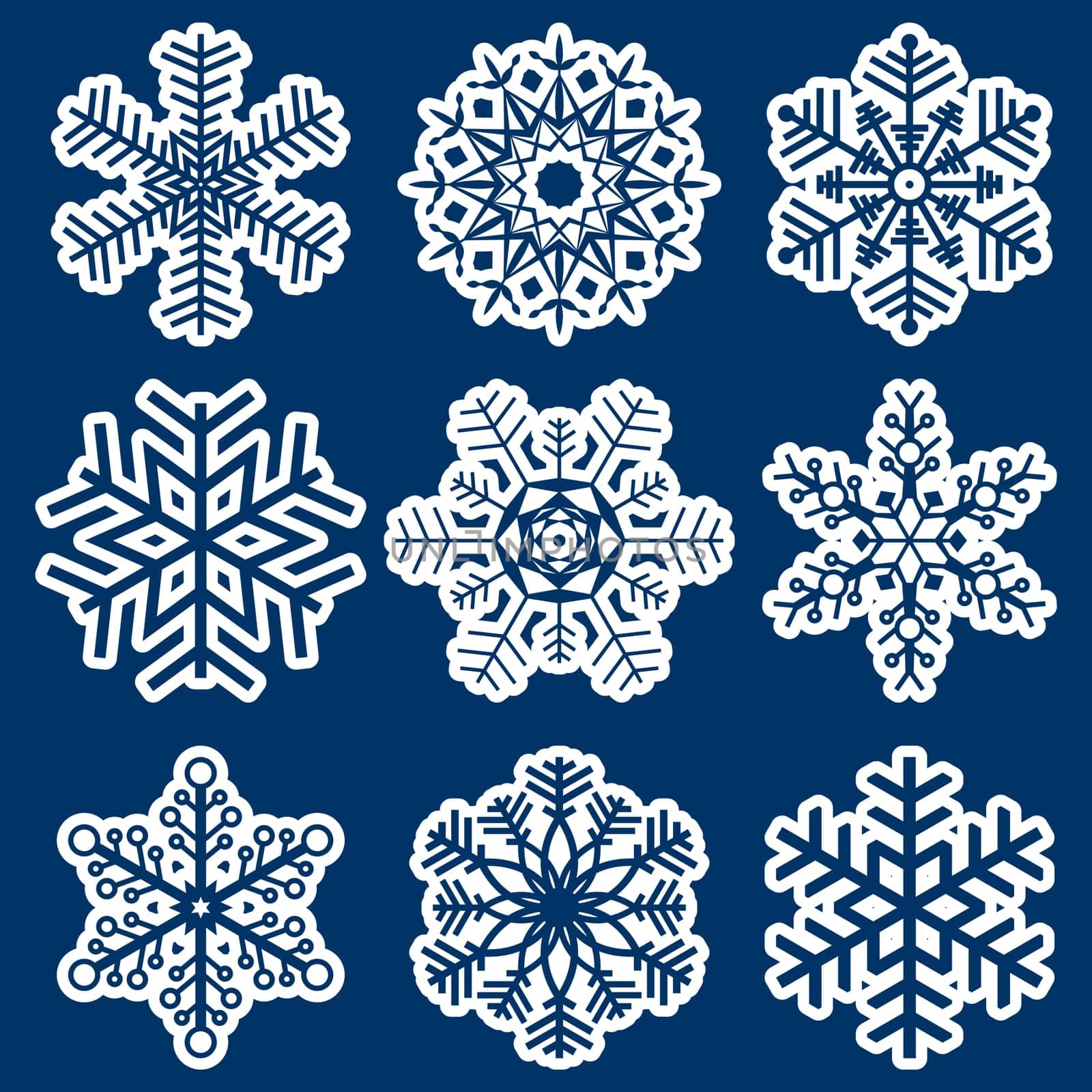 collection of different white snowflakes on blue background