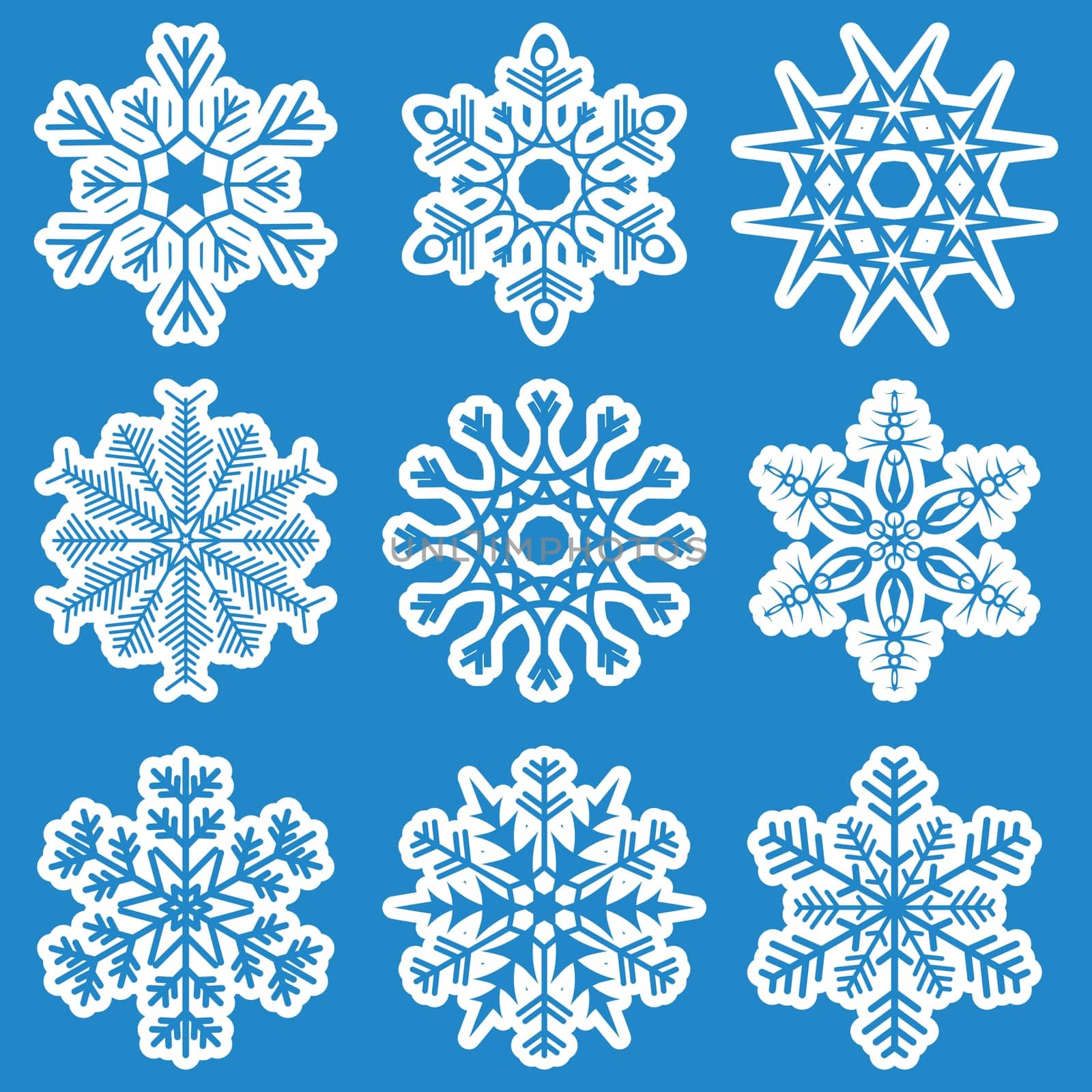 collection of different white snowflakes on blue background