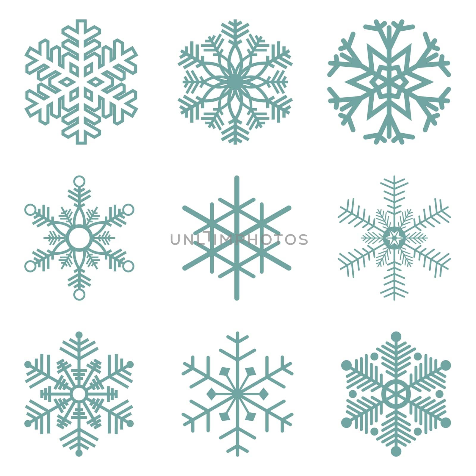 collection of different blue snowflakes on white background