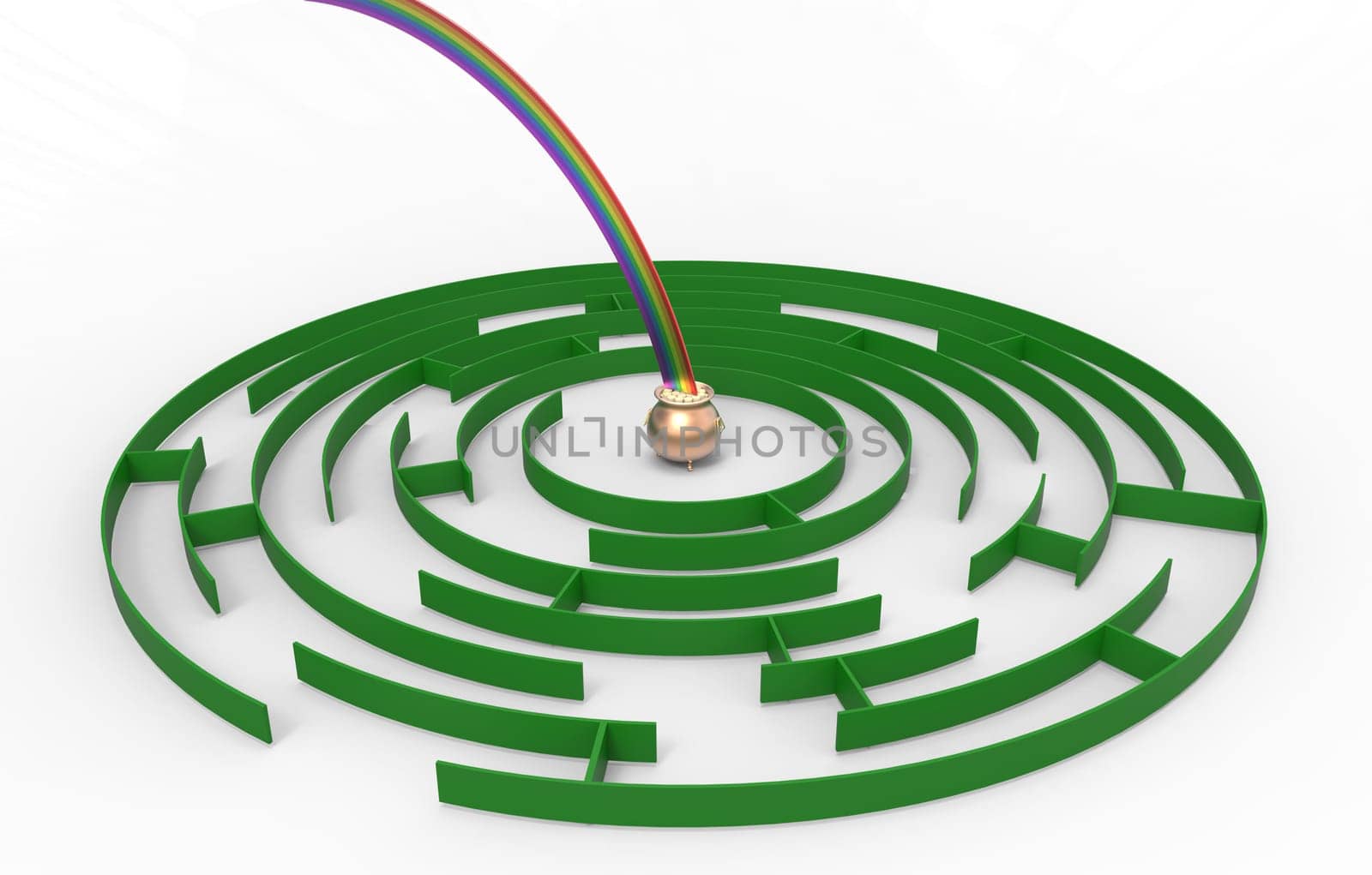 Pot full of gold coins in the middle of the labyrinth, 3d render, isolated