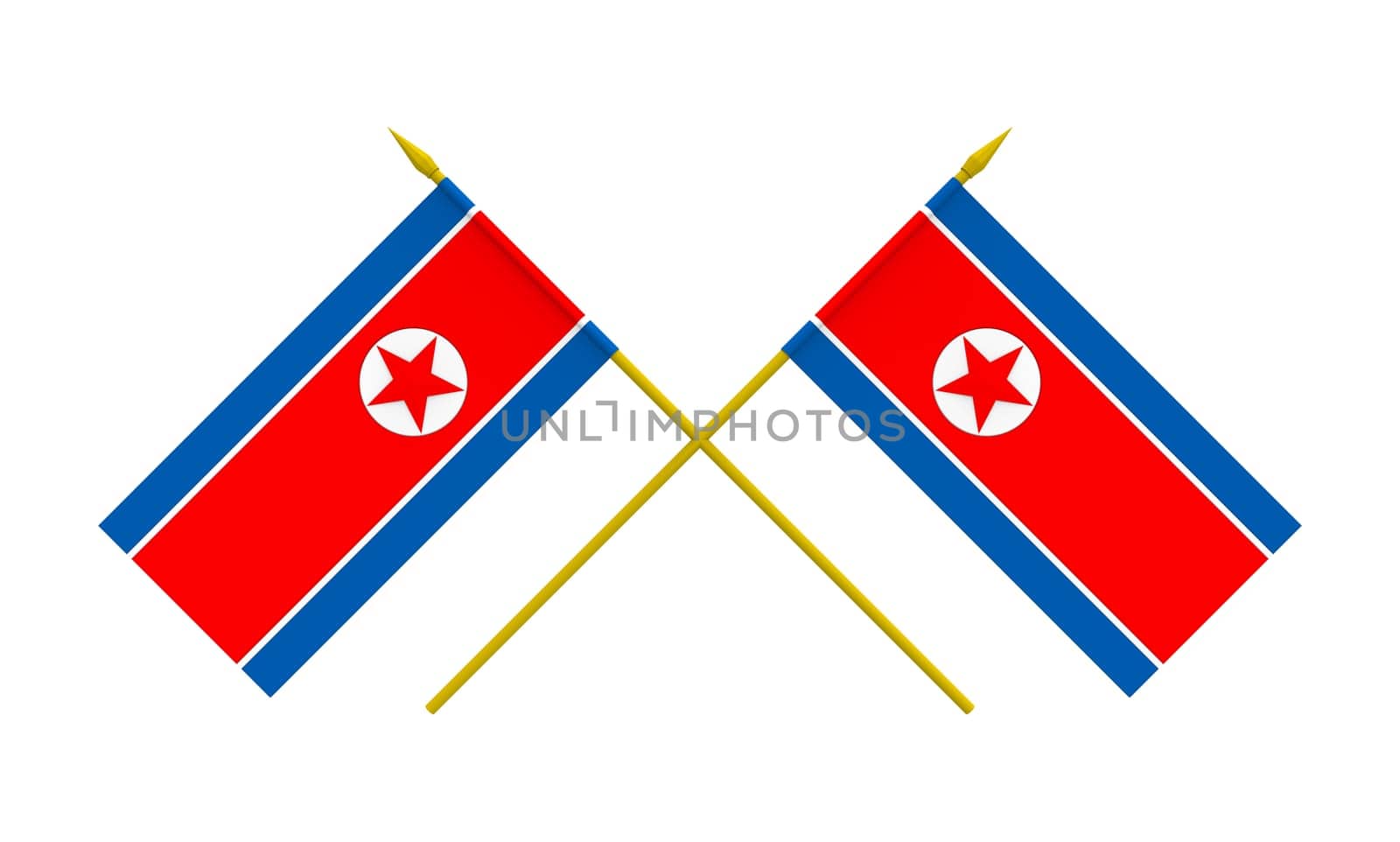 Two crossed flags of North Korea, 3d render, isolated on white