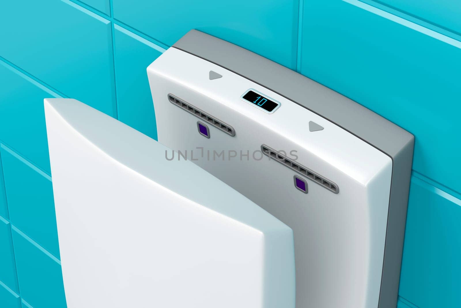Close-up of vertical hand dryer in public WC
