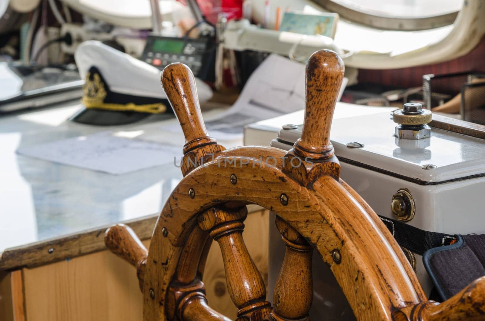 Steering wheel of the ship. A workplace of the captain