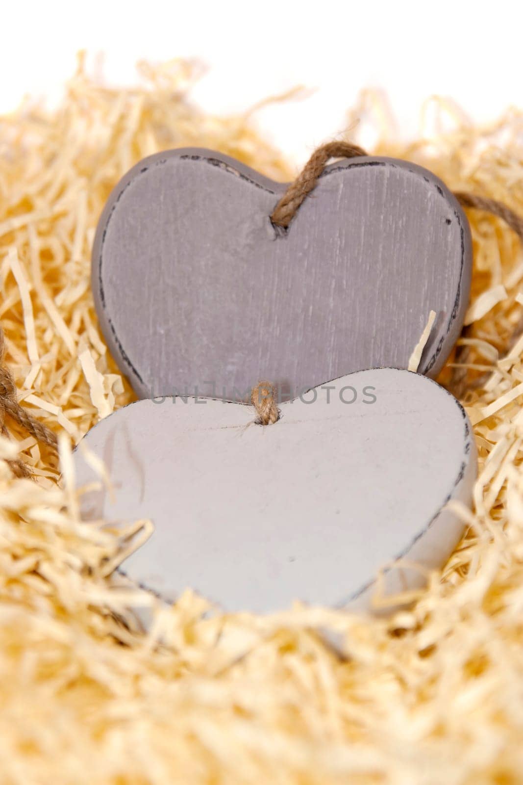 two blank grey wooden love hearts  in a love nest made of straw with copy space