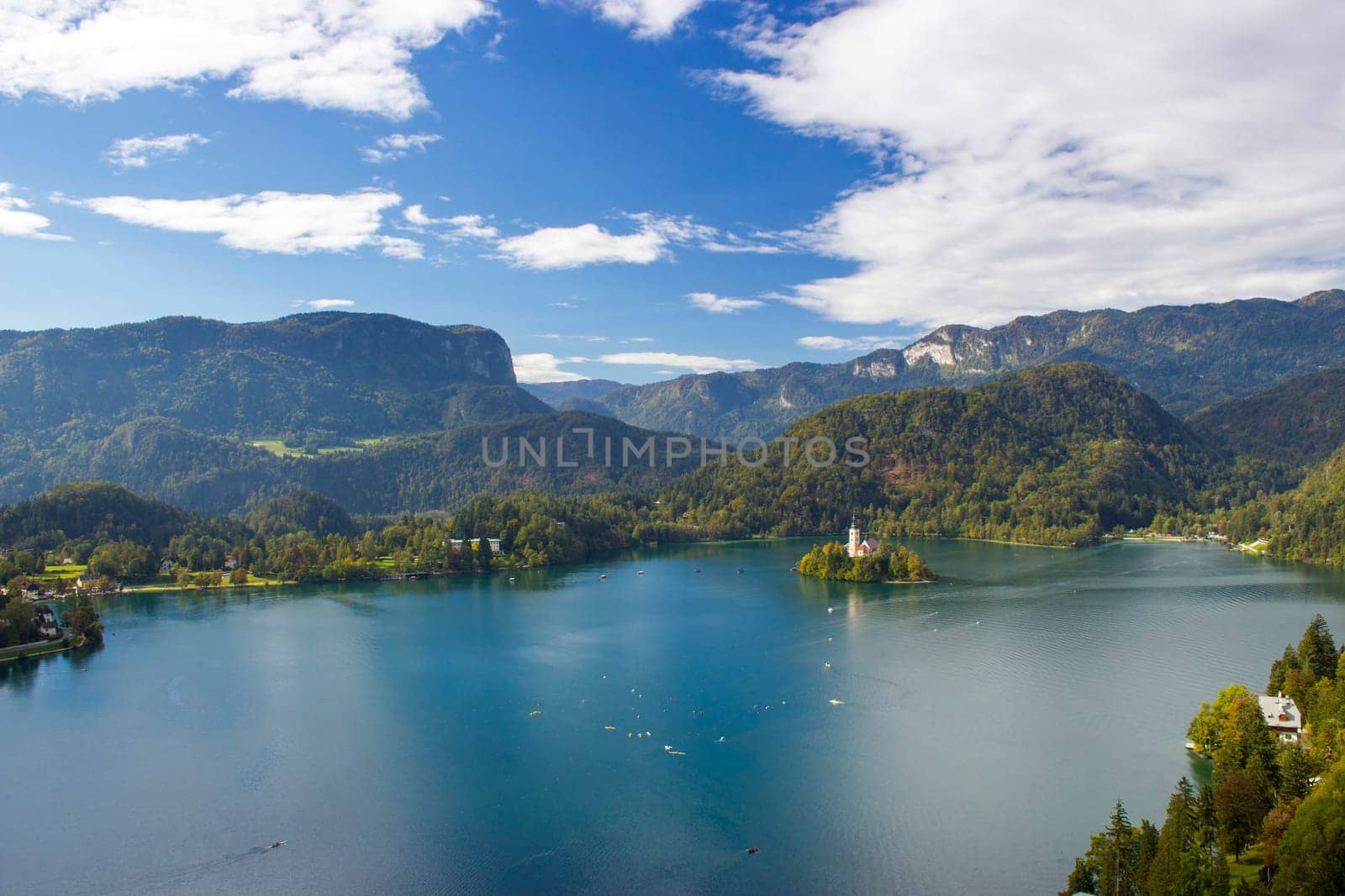 Panoramic view of Bled Lake, Slovenia, Europe