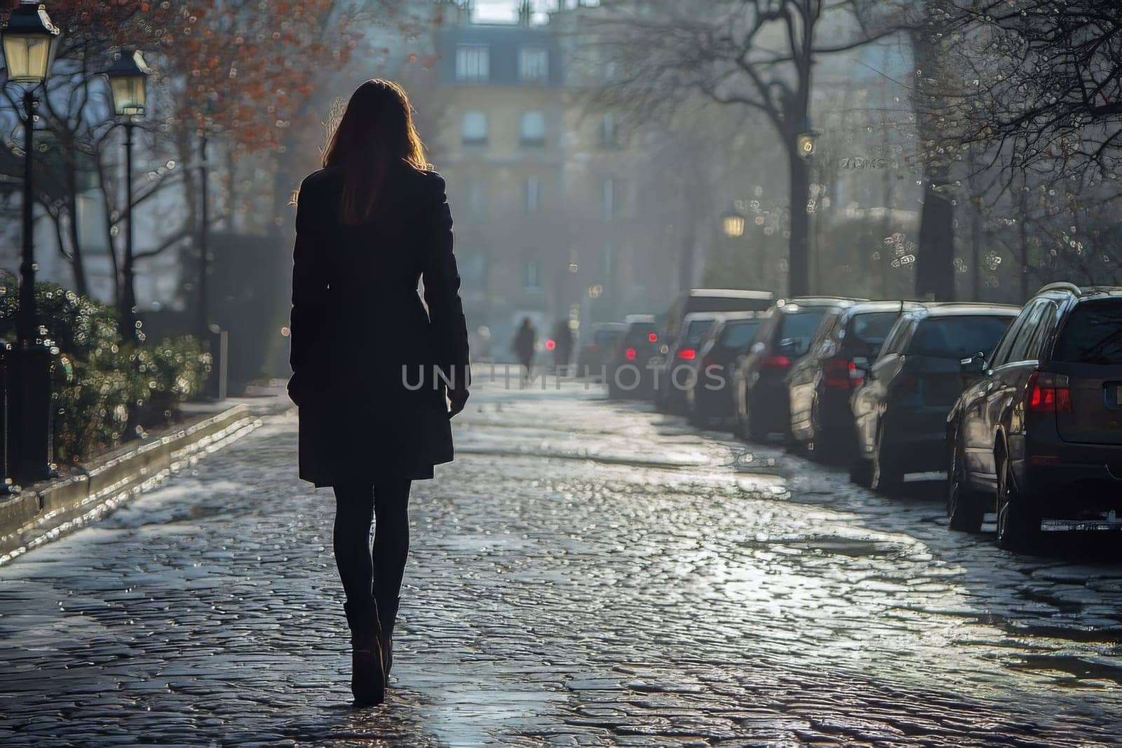 A woman strolls down a cobbled street, surrounded by parked cars, as fog envelops the early morning atmosphere.