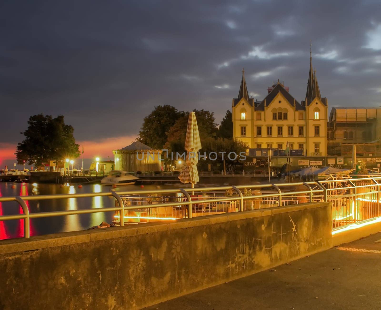 Promenade along Geneva lake in Vevey by night, Switzerland (HDR)
