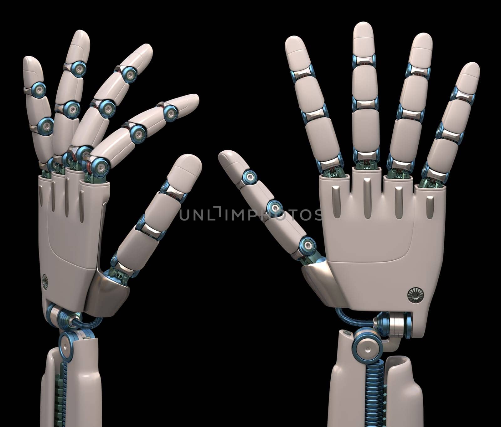 Robotic hands shaped and measures that mimic the human skeleton. Clipping path included.