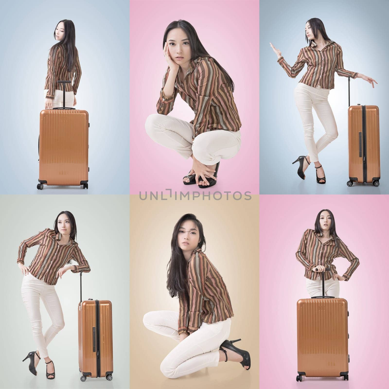 Travel concept with Asian beauty with a luggage in a set.