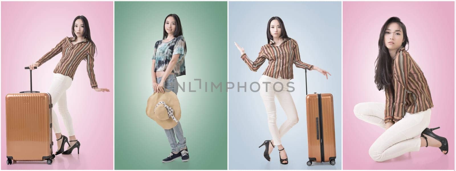 Asian beauty with hat, full length portrait isolated with clipping path.