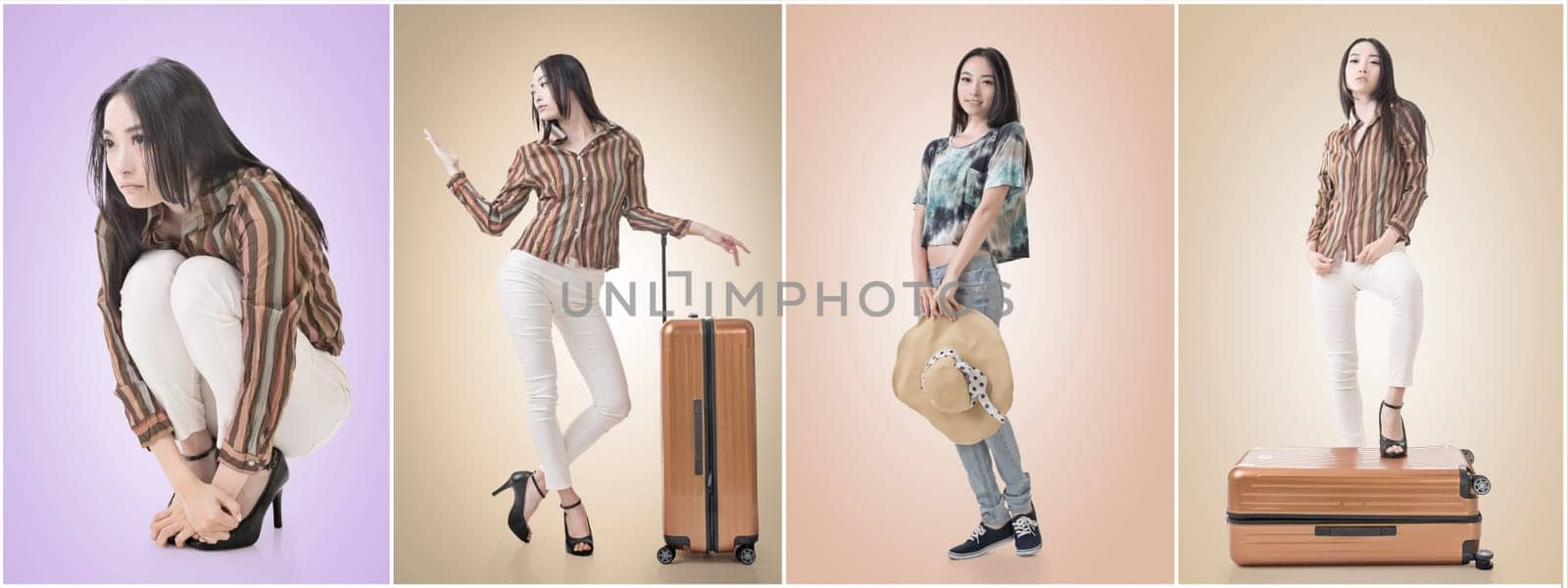 Modern Asian woman stand with a luggage in vintage style.