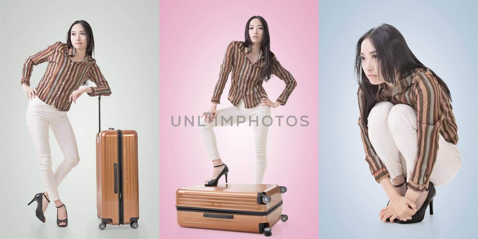 Travel concept with Asian beauty with a luggage in a set.