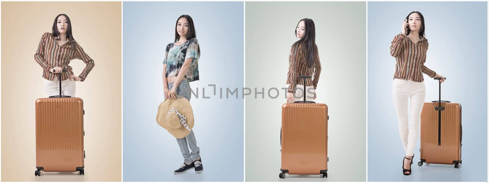 Travel concept with Asian beauty with a luggage in a set.