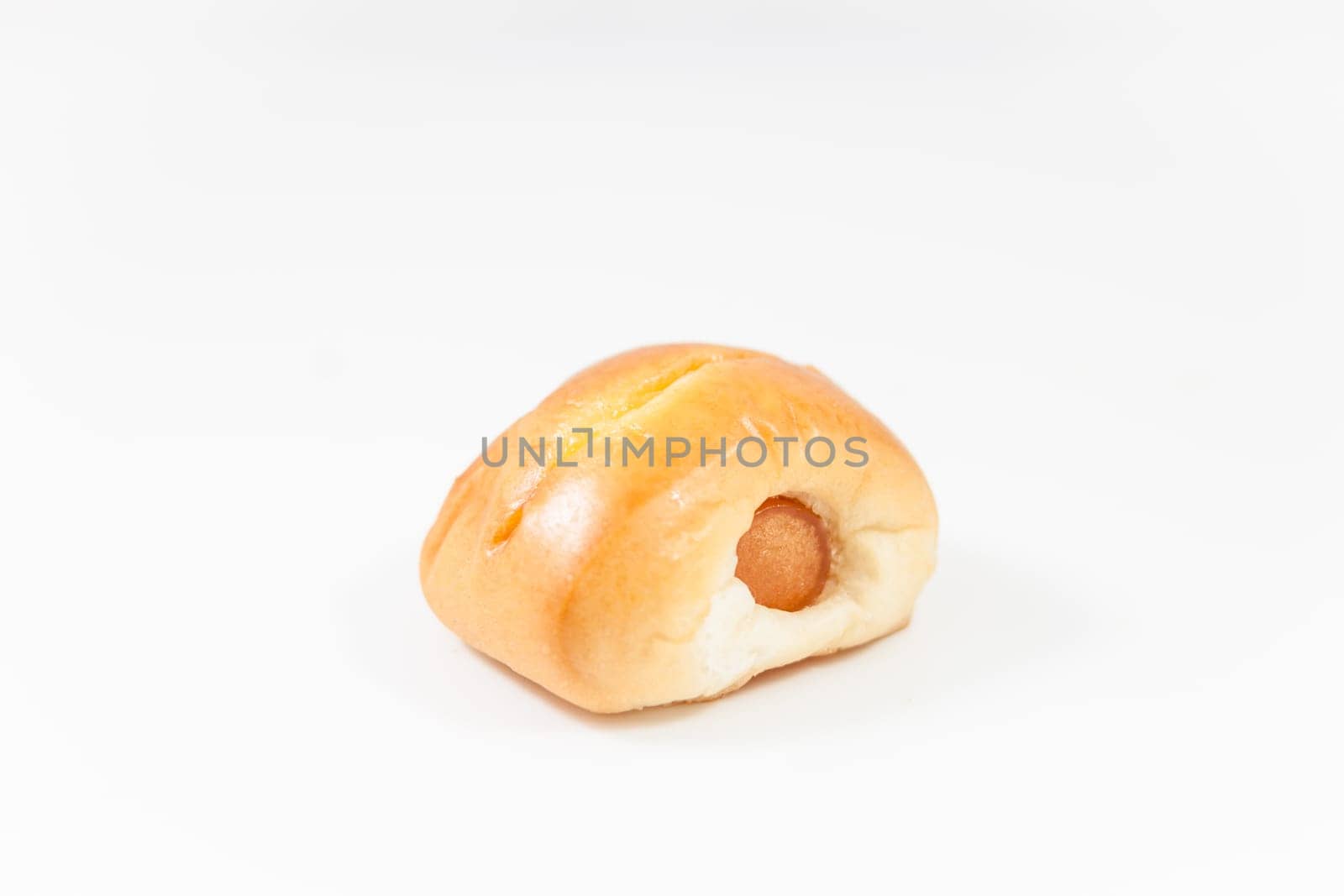 Closeup sausage roll isolated on white background, stock photo