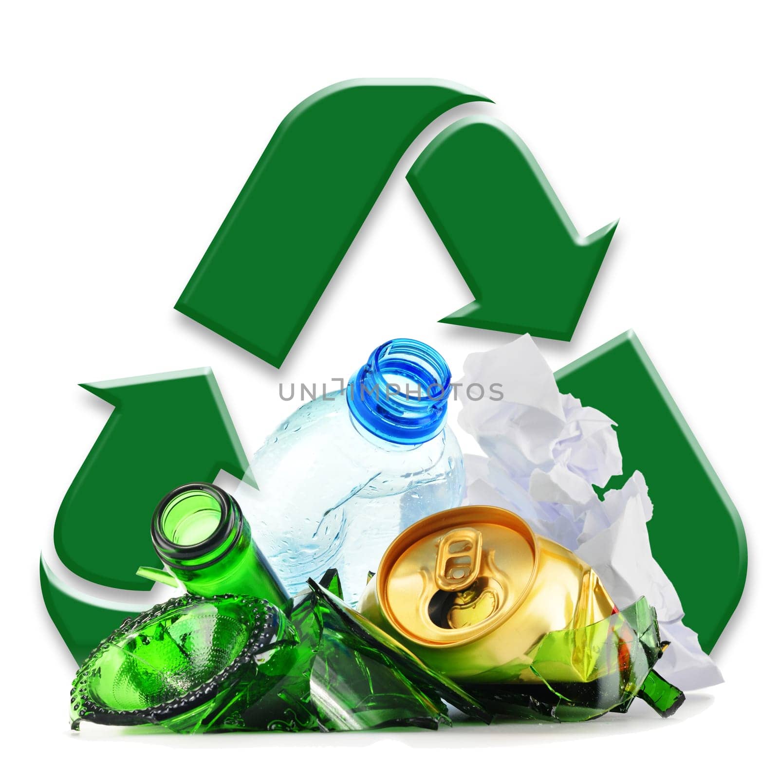 Composition with recyclable garbage consisting of glass, plastic, metal and paper isolated on white background
