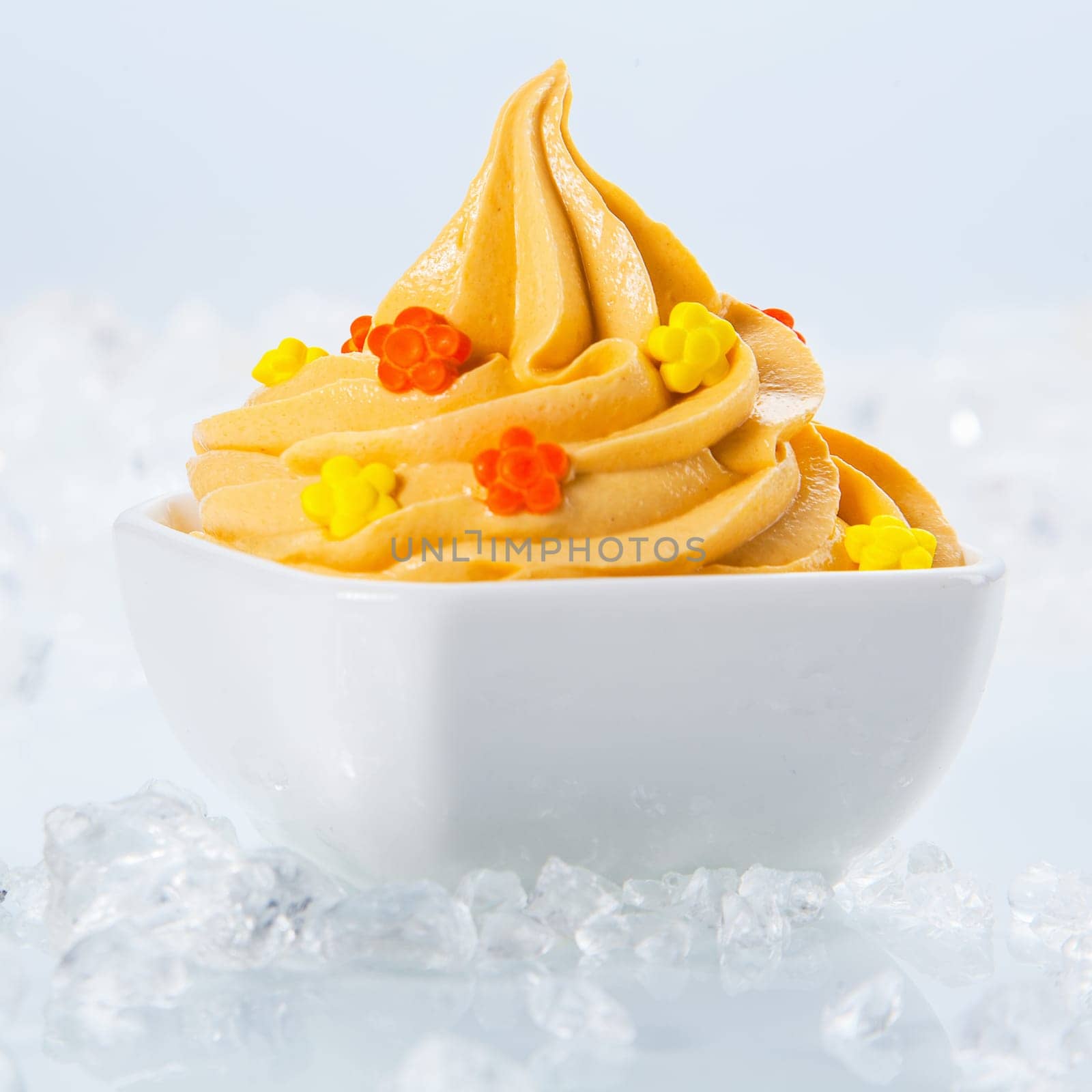 Close up Healthy Frozen Yogurt with Little Toppings on White Bowl Surrounded by Ice Pieces on Sides. Isolated on White Background.