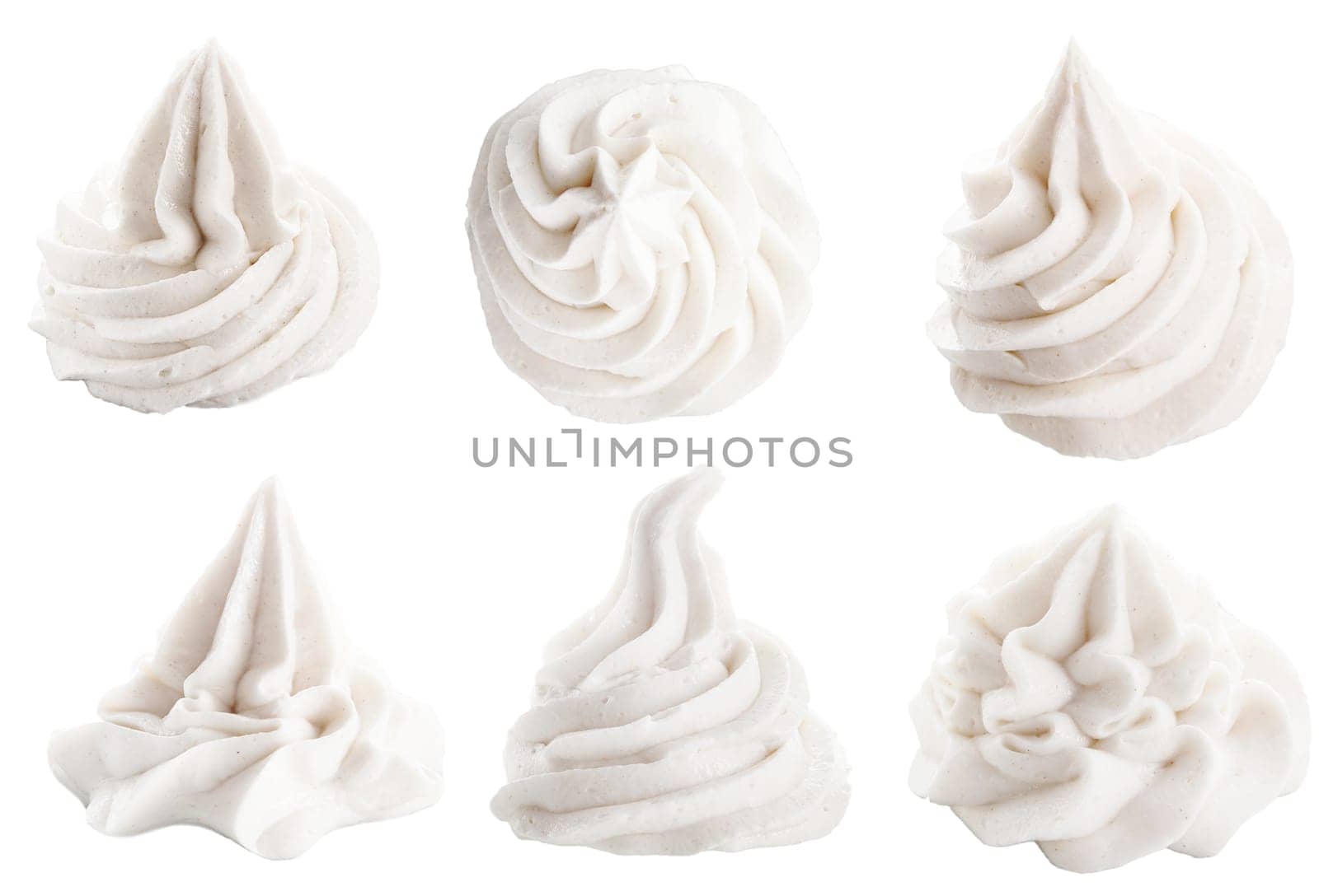 Set of six different white decorative swirling toppings for dessert isolated on white depicting whipped cream, ice cream or frozen yogurt