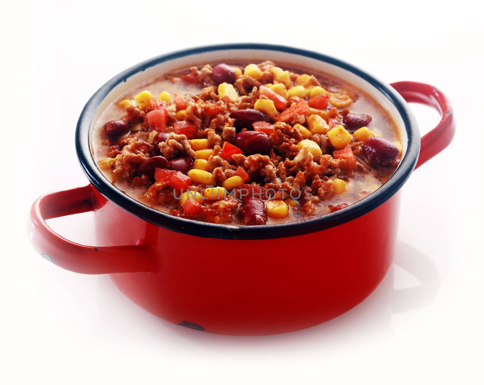 Close up One Full Red Pot of Appetizing Healthy Meaty Main Dish Isolated on White Background.