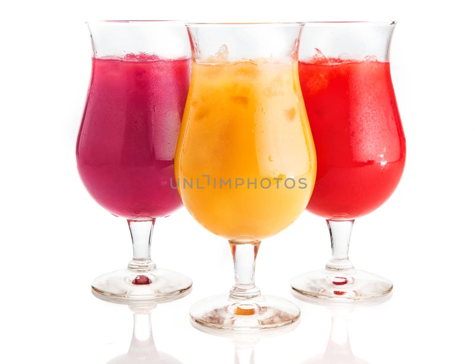 Close up Assorted Flavor Mouth Watering Cold Drinks on Glass with Ice Pieces. Isolated on White Background.