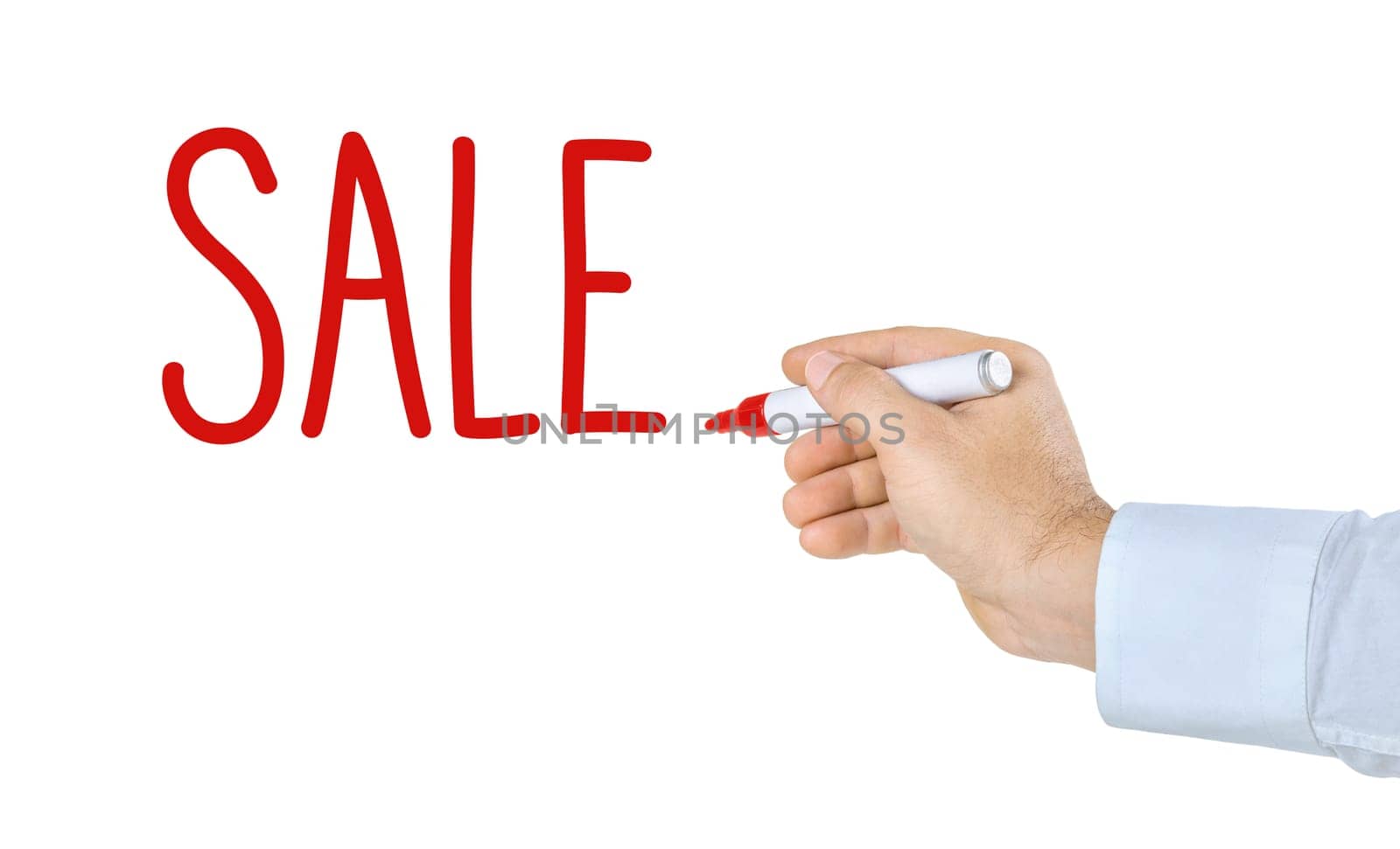 Hand with pen writes Sale