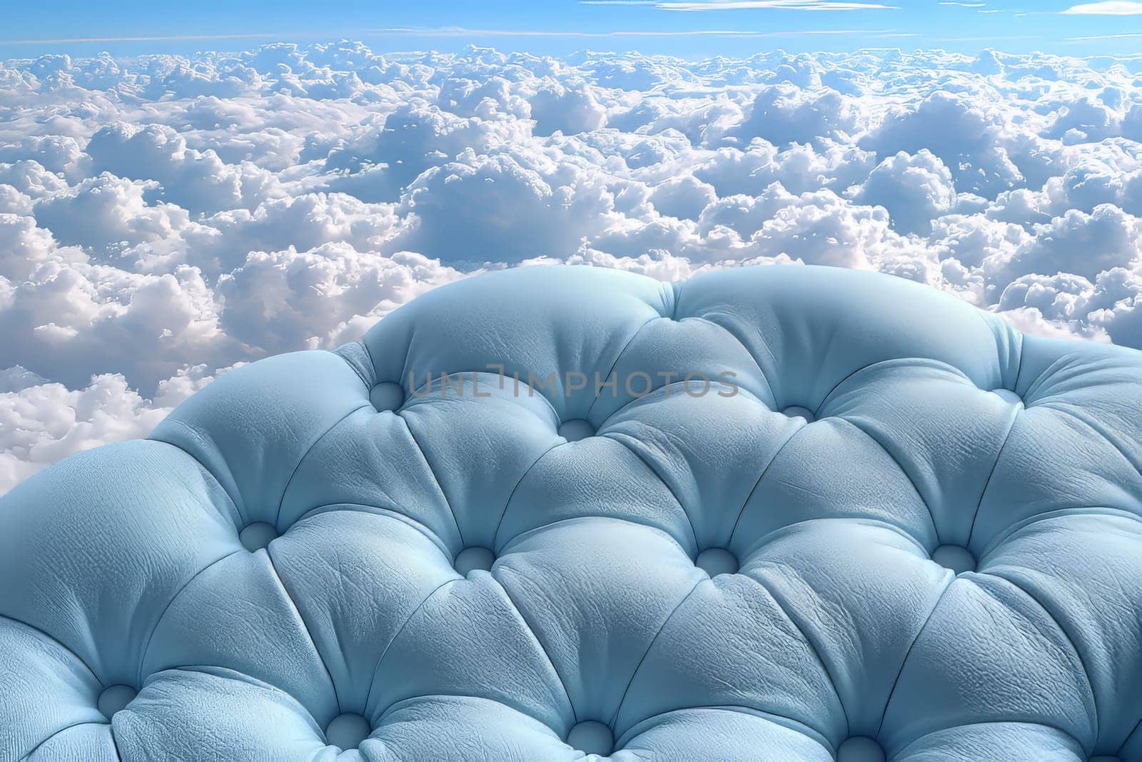 A light blue tufted sofa floats above fluffy white clouds under a bright blue sky, creating a dreamlike and surreal atmosphere.