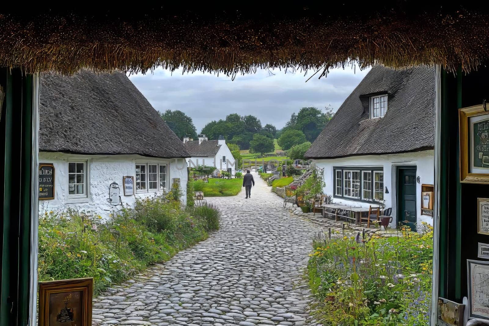 A person walks along a cobblestone path between charming thatched cottages in a tranquil rural setting under an overcast sky.