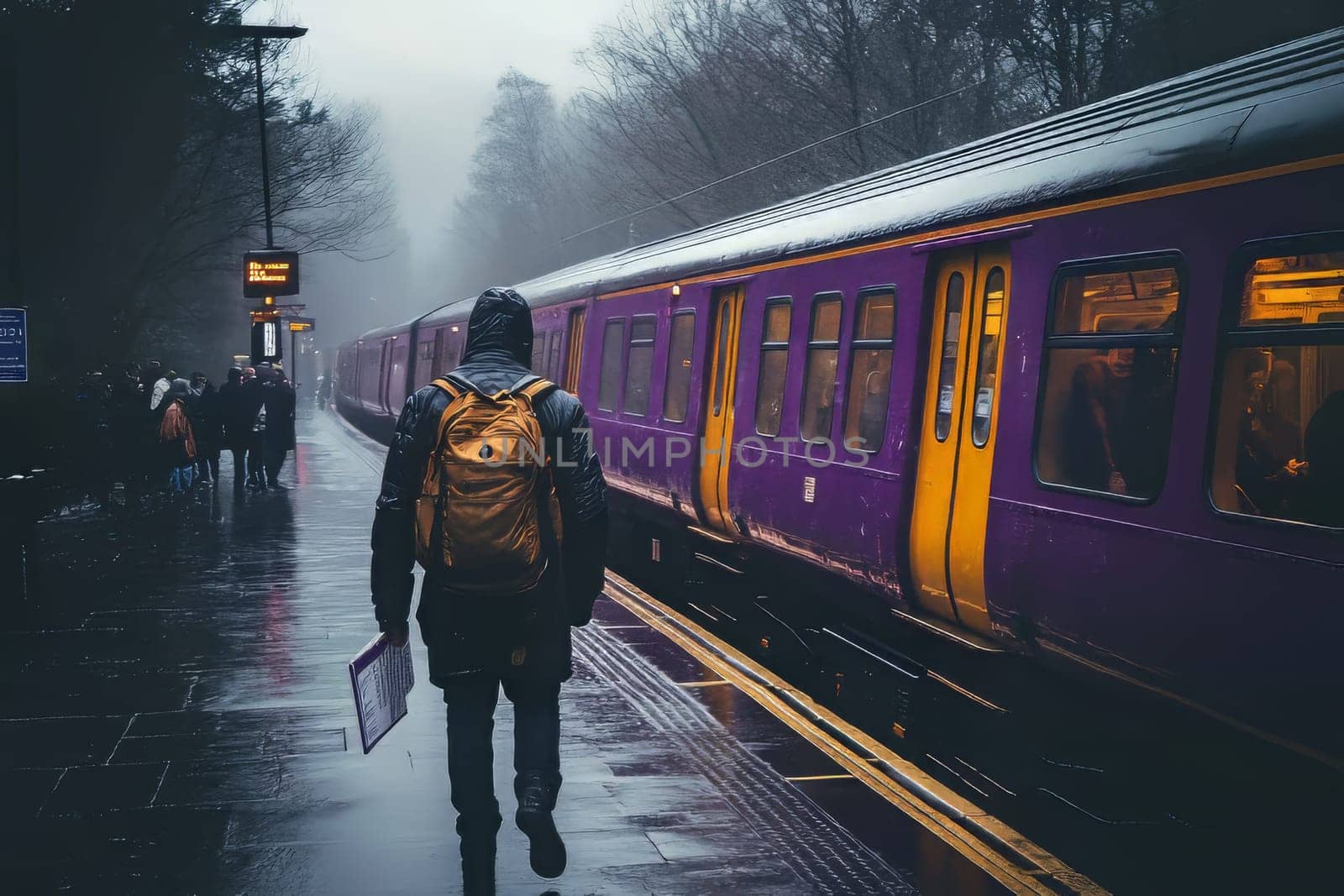 Commuters gather on a rainy platform while a passenger walks towards the approaching train in a foggy morning setting.
